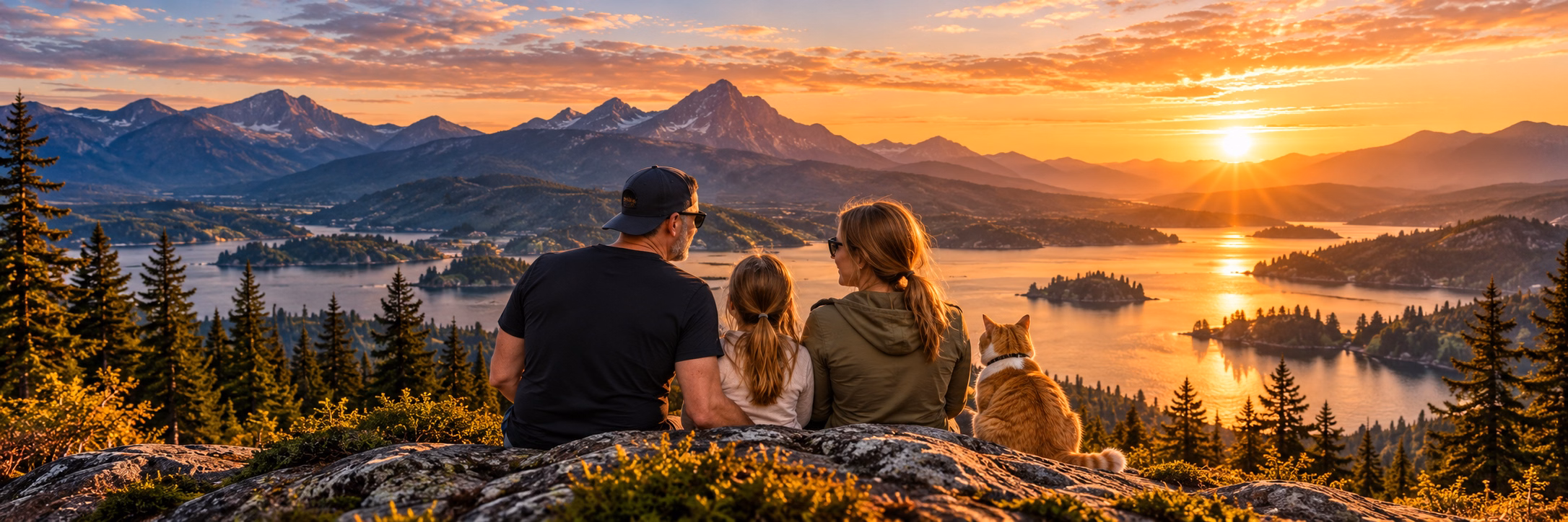 Family-inspired artwork of a family and cat looking across a mountain lake at sunset