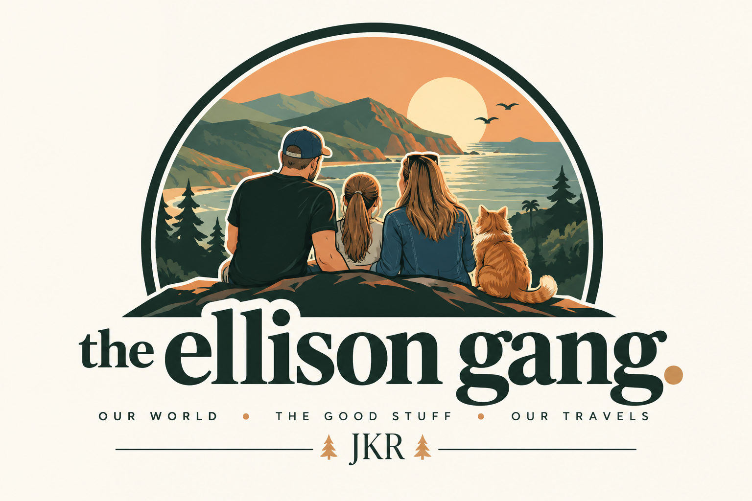 The Ellison Gang family logo: family and Sunny overlooking mountains at sunset