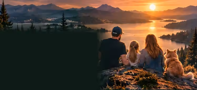 Family-inspired artwork of a family and dog looking across a mountain lake at sunset